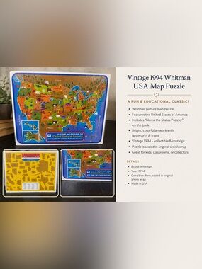 Vintage 1994 Whitman Picture Map Puzzle – Sealed Educational USA States Puzzle